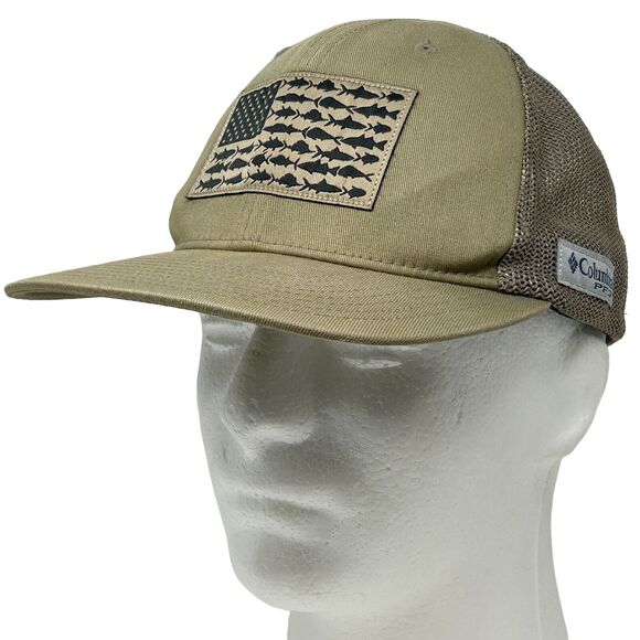 Columbia PFG Trucker Hat Cap FlexFit S/M Fishing Fisherman American Flag Beige - Picture 1 of 10